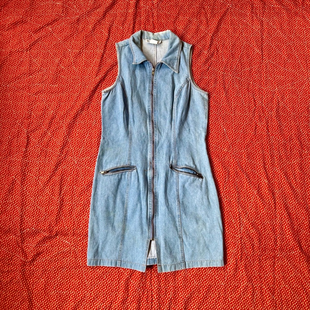 Vintage Decked Out Blue Denim Zip Up Sleeveless Mini Dress Women Size 11/12 USA